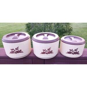Vintage SET OF 3 Plastic Sterlite Merry Mushroom Canisters w/ Lids Tan & Brown